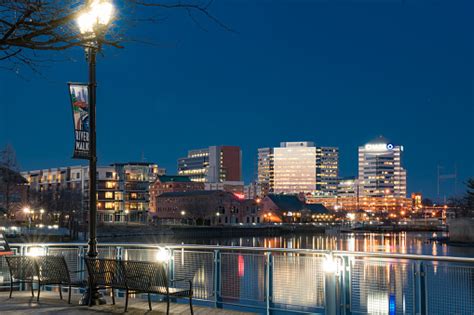 Wilmington Delaware Skyline Along Christiana River At Night Stock Photo