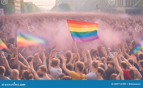 crowded lgbt community and activists celebrate gay pride parade rainbow colours big city stock