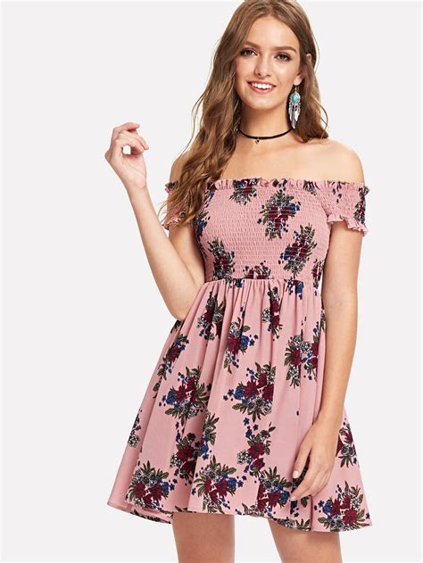 Frilled Shirred Bodice Floral Bardot Dress Makemechiccom