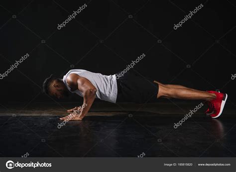Side View Young African American Sportsman Doing Push Ups Black — Stock