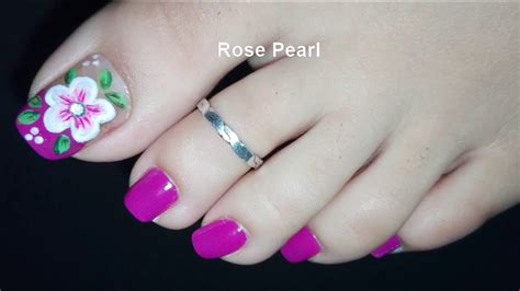 fuchsia flowers french pedicure nail art tutorial spring and summer toe nail art rose pearl