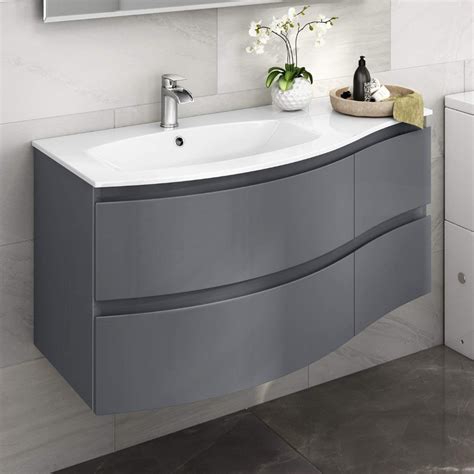 Contemporary Gloss Grey Curved Vanity Unit Wall Hung Left Hand Basin