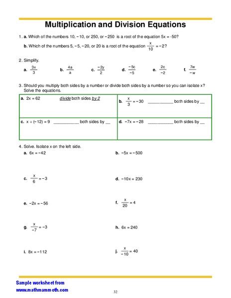 Multiplication Division Equations Worksheet For 7th 8th Grade