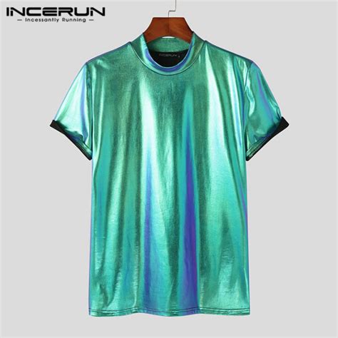 Perfectly Incerun Mens Short Sleeve Crop Tops Metallic Shiny Party Dress Shirt Muscle Fit Tee