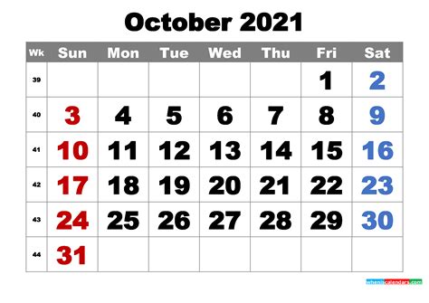 Free Printable October 2021 Calendar Word Pdf Image