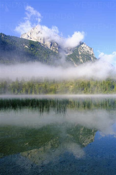 Germany Bavaria Mittenwald Thick Fog Floating Over Ferchensee Lake
