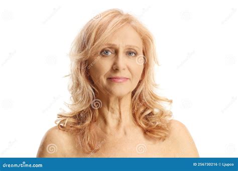 Portrait Of A Mature Woman With Blue Eyes With Bare Shoulders Stock