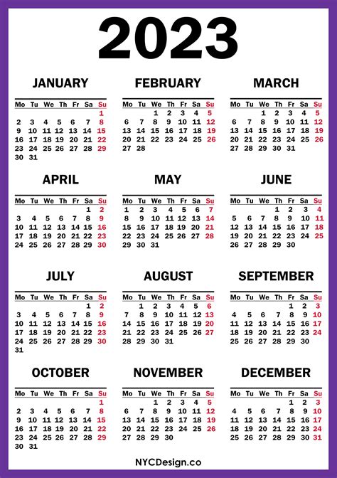 2023 Calendar Printable Free Purple Monday Start Nycdesign Us Aria Art