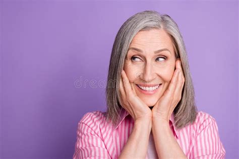 Photo Of Aged Woman Happy Positive Smile Hands Touch Cheeks Dream Look