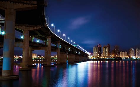 Download Wallpaper 3840x2400 Night City Bridge City Lights River