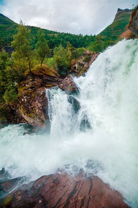 Landscape With Beautiful Powerful Waterfall Stock Photo Image Of