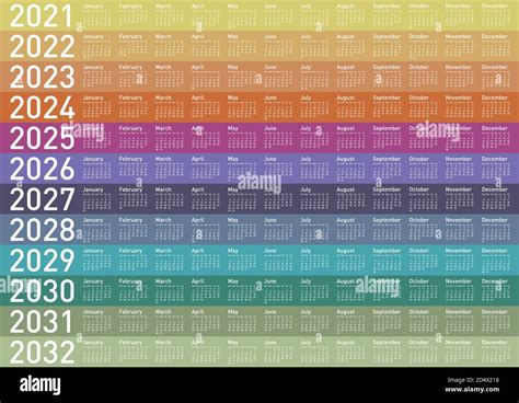 Colorful Calendar For Years 2021 2022 2023 2024 2025 2026 2027