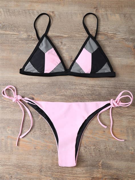 [15 off] 2021 color block string bikini set in pink zaful