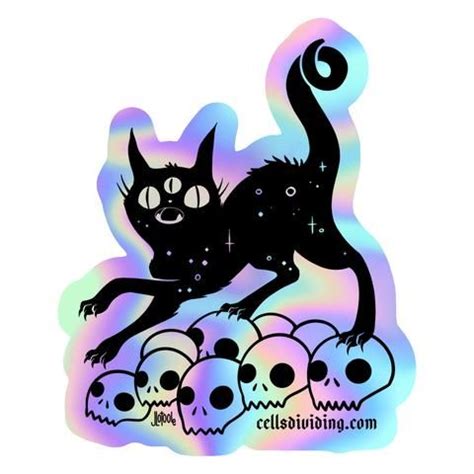 Cat On Skulls Holographic Sticker Cute Art Styles Character Design Pastel Goth Art