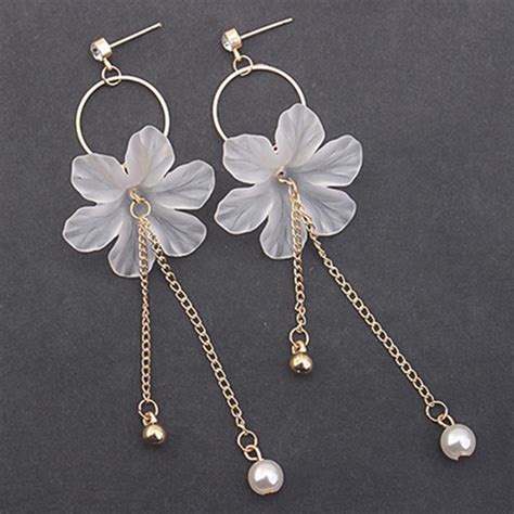 acrylic long drop earrings for women fashion flower imitation pearl earring dangle wedding party