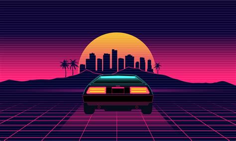 80s Retro Car In 3d Virtual Reality Sunset Outrun Landscape In