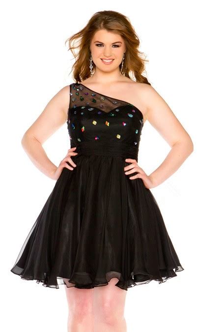 A Line One Shoulder Short Black Chiffon Beaded Plus Size Cocktail Party Dress