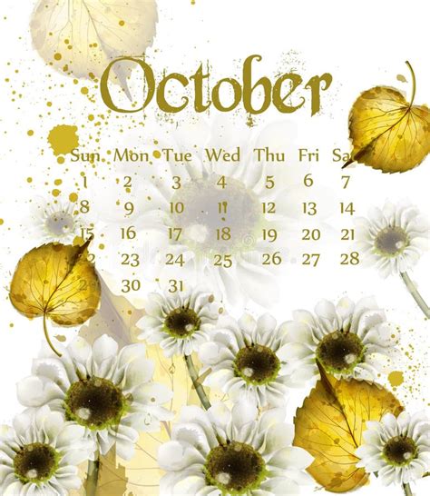 Autumn October Calendar With Golden Leaves Vector Fall Watercolor