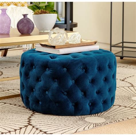 Abbyson Ella Blue Tufted Round Velvet Ottoman Free Shipping Today