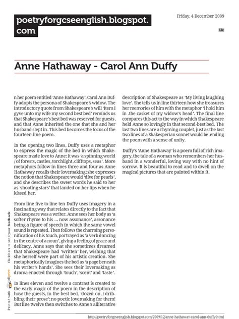 Anne Hathaway Carol Ann Duffy Pdf Poetic Form Poetry