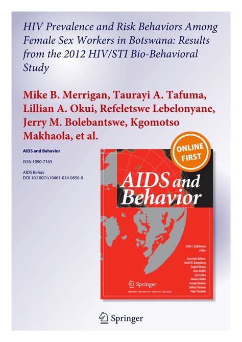 pdf hiv prevalence and risk behaviors among female sex workers in botswana results from the