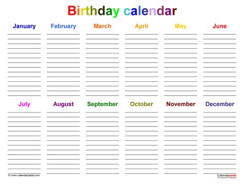 Birthday Calendars Free Printable Microsoft Word Templates
