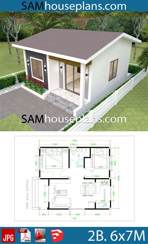 Simple 2 bedroom house design. House Plans 6x7m with 2 bedrooms in 2020 | Simple house ...