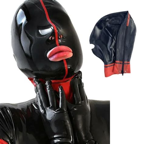 Latex Hood Rubber Mask Open Mouth Red Line Back Zipper Catsuit Club