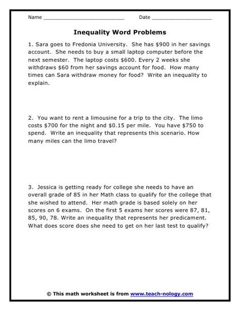 Two Step Inequality Word Problems Worksheets With Answers