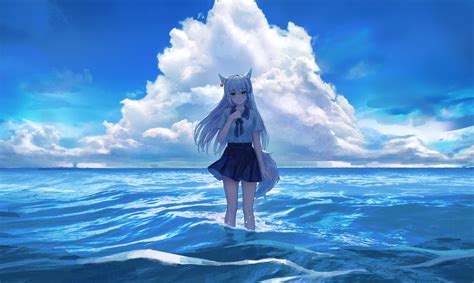 hintergrundbilder anime mädchen schuluniform schülerin meer himmel wolken lange haare