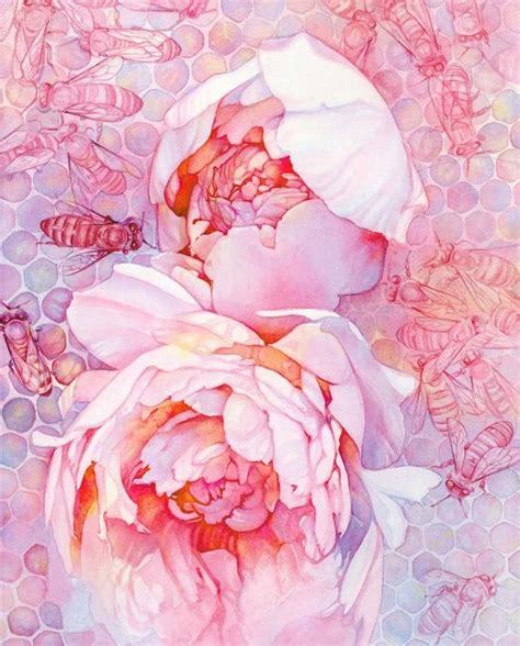 Hive Open Edition Fine Art Print Bees Peonies Watercolor Tracy Lewis