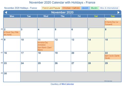 Print Friendly November 2020 France Calendar For Printing
