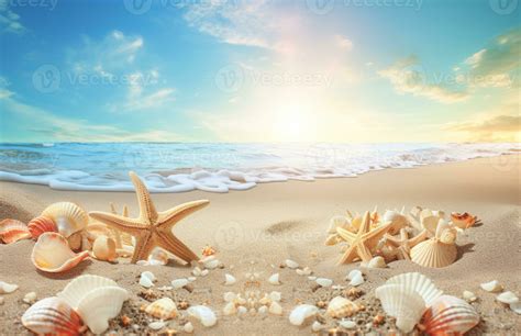 Seashells And Starfish On The Beautiful Tropical Beach And Sea With