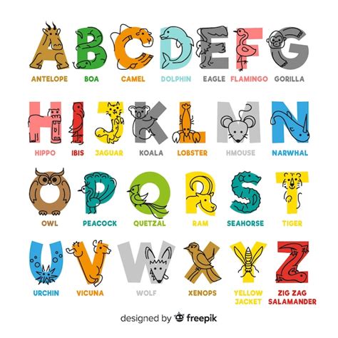 Colorful Alphabet With Animal Names Flat Design Free Vector