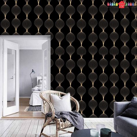Modern Art Deco Geometric Wallpaper In Black And Gold Removable Etsy