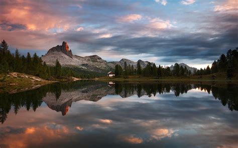 Nature Landscape Sunset Mountain Lake Forest Cabin Clouds Summer