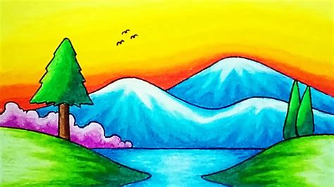 Super Easy Mountain Lake Scenery Drawing For Beginners How To Draw