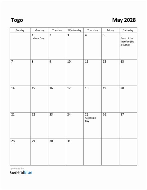 Free Printable May 2028 Calendar For Togo