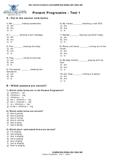 Pdf Present Progressive Test 1 A Put In The Correct Verb Forms