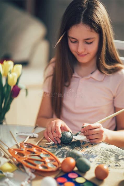 Girl Coloring Eggs For Easter Stock Image Image Of Close Activity