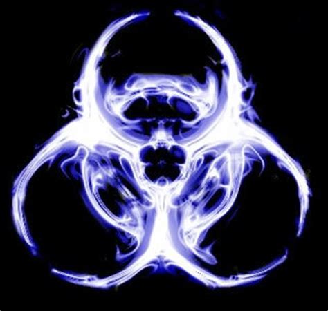 A Blue And White Biohazard Sign On A Black Background That Appears To