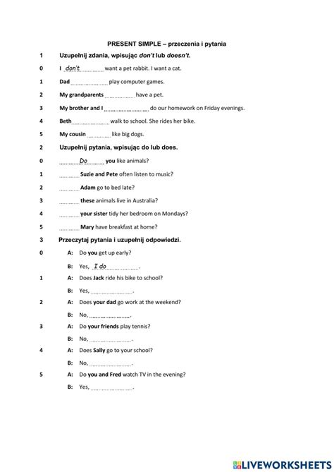 Present Simple-przeczenia i pytania-kartkówka worksheet