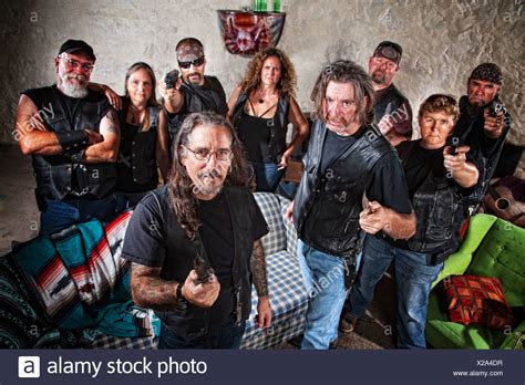 Nine Tough Biker Gang Members Stock Photo Alamy