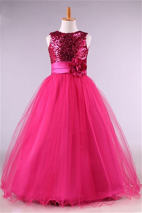 Ball Gown Hot Pink Tulle Sequin Little Girl Prom Dress