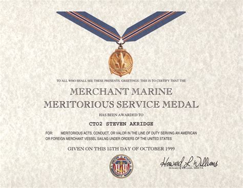 Merchant Marine Meritorious Service Medal Certificate