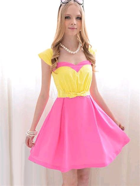 Sweet Yellow And Pink Straps Neck Bow Cotton Womans Skater Dress