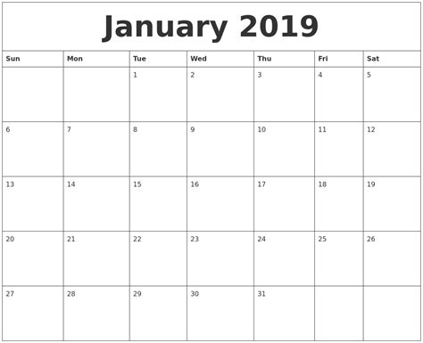 January 2019 Calendar Print Out