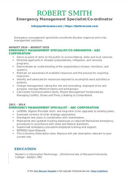 The sample below is for a emergency management resume. Emergency Management Specialist Resume Samples | QwikResume