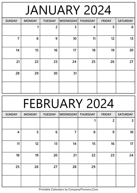 January 2024 February 2024 Calendar Printable Online