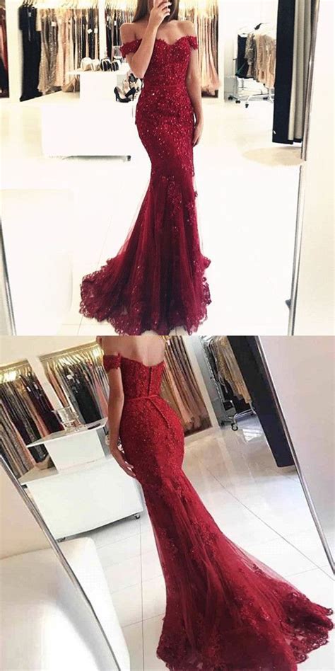 Mermaid Off Shoulder Burgundy Appliques Beading Tulle Long Prom Dress Pd0122